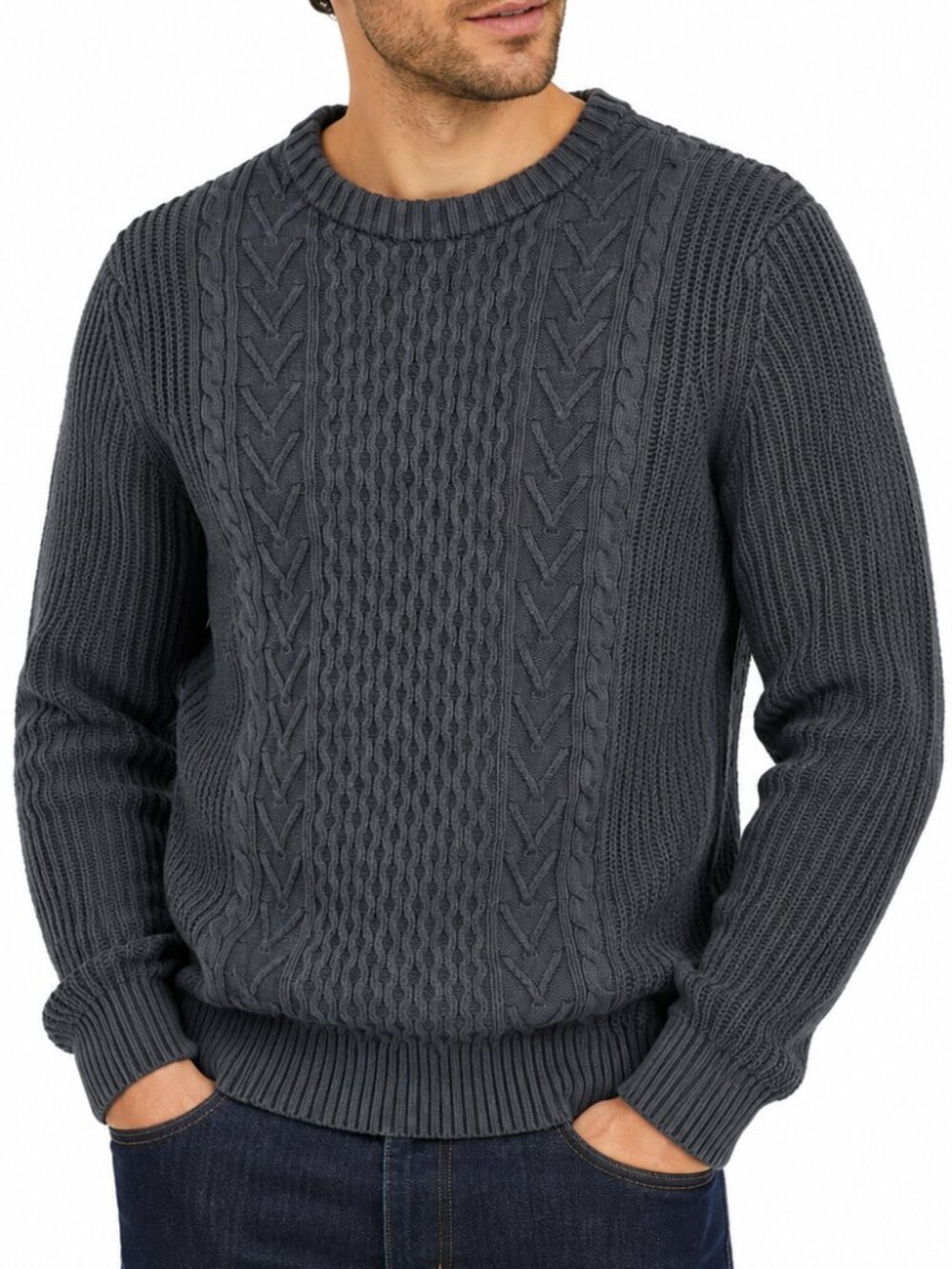 BUFFALO DAVID BITTON Cable Knit Fisherman Sweater Grey Small Crewneck Minimalist